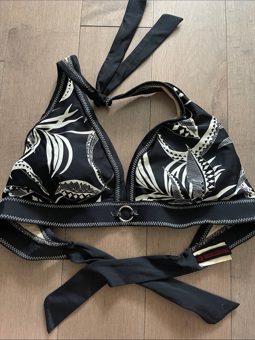 Simon Chang Black & White Tropical Halter Bikini Top